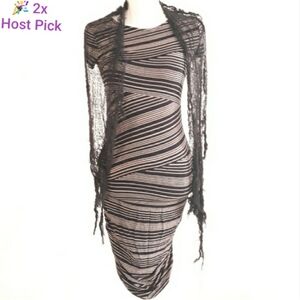 Liz Lange Beige Stripe Bodycon Asymmetrical Dress Size XS + Black Gauze Wrap